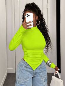 BamGleam Áo thun dài tay ôm vừa vặn hai bên bất đối xứng màu trơn - màu xanh lá - Xem 3