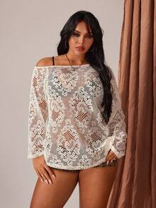 Rustia Women's Lace Knit Hollow Out Crochet Sheer Pullover Top - Apricot - View 6