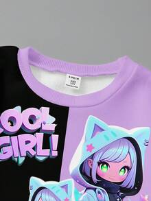 1 套青少年女孩休闲时尚甜美可爱卡通女孩图案撞色圆领长袖运动衫和紧身裤套装，适合外出和运动穿着，紫色运动衫套装，秋冬 - 彩色 - 查看 4