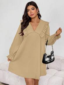 EMERY ROSE Vestido holgado de mujer talla grande con cuello Peter Pan, mangas con volantes y unicolor elegante, romántico y lindo, para primavera/otoño - Albaricoque - Ver 6