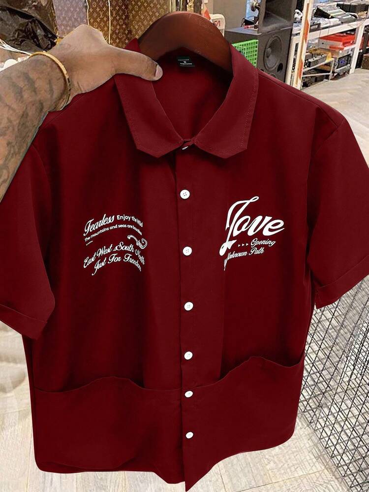 Claim Dot Camisa Casual Masculina de Manga Curta na Moda, Design de Bolso, Caimento Solto, Versátil, Adequada para Ir ao Trabalho, Atividades ao Ar Livre, Faculdade, Presentes de Férias - Vinho - Visão 1