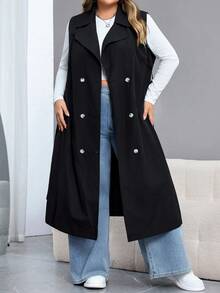 SHEIN CURVE+ Plus Size Women Black Casual Trench Coat/Winter - Black - View 5