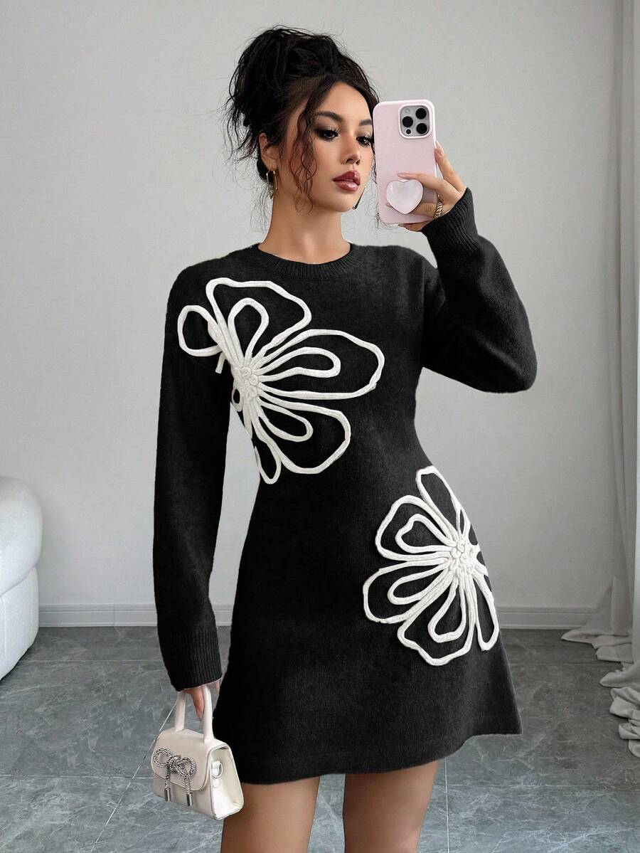 Elenzga Đầm len dài tay cổ tròn họa tiết hoa Colorblock dành cho nữ - màu đen - Xem 1