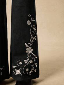 Easelle 花卉刺绣优雅女式喇叭裤 - 黑色 - 查看 6