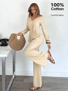 Siren Gaze Damen Einfarbig 2-teiliges Set - plissierte Bluse und gerade geschnittene Hose, baumwolliger Lässig-Outfit für Herbst/Winter - Aprikosenfarben - Übersicht 1
