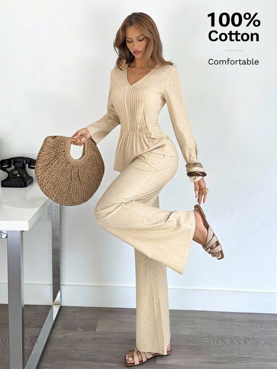 Siren Gaze Damen Einfarbig 2-teiliges Set - plissierte Bluse und gerade geschnittene Hose, baumwolliger Lässig-Outfit für Herbst/Winter - Aprikosenfarben - Übersicht 1