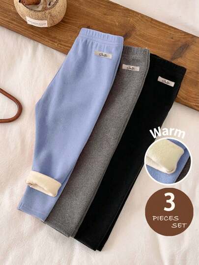 LMoss Kids LMoss 3件套女婴针织纯色休闲保暖打底裤套装，舒适秋冬款式