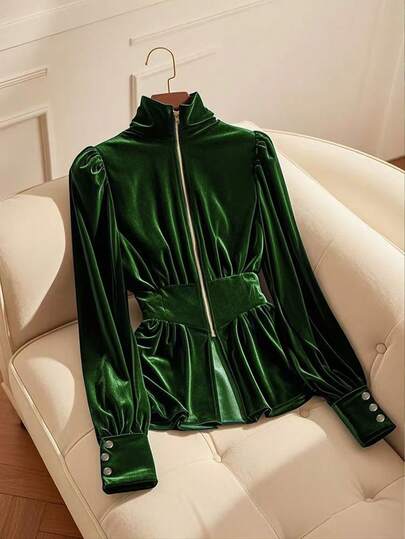 GlowEve Camisa feminina minimalista lisa com zíper e manga comprida para o dia a dia