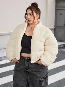 SHEIN CURVE+ 女式加大码休闲米色仿羊毛短款夹棉大衣，冬季 - 米色 - 查看 3