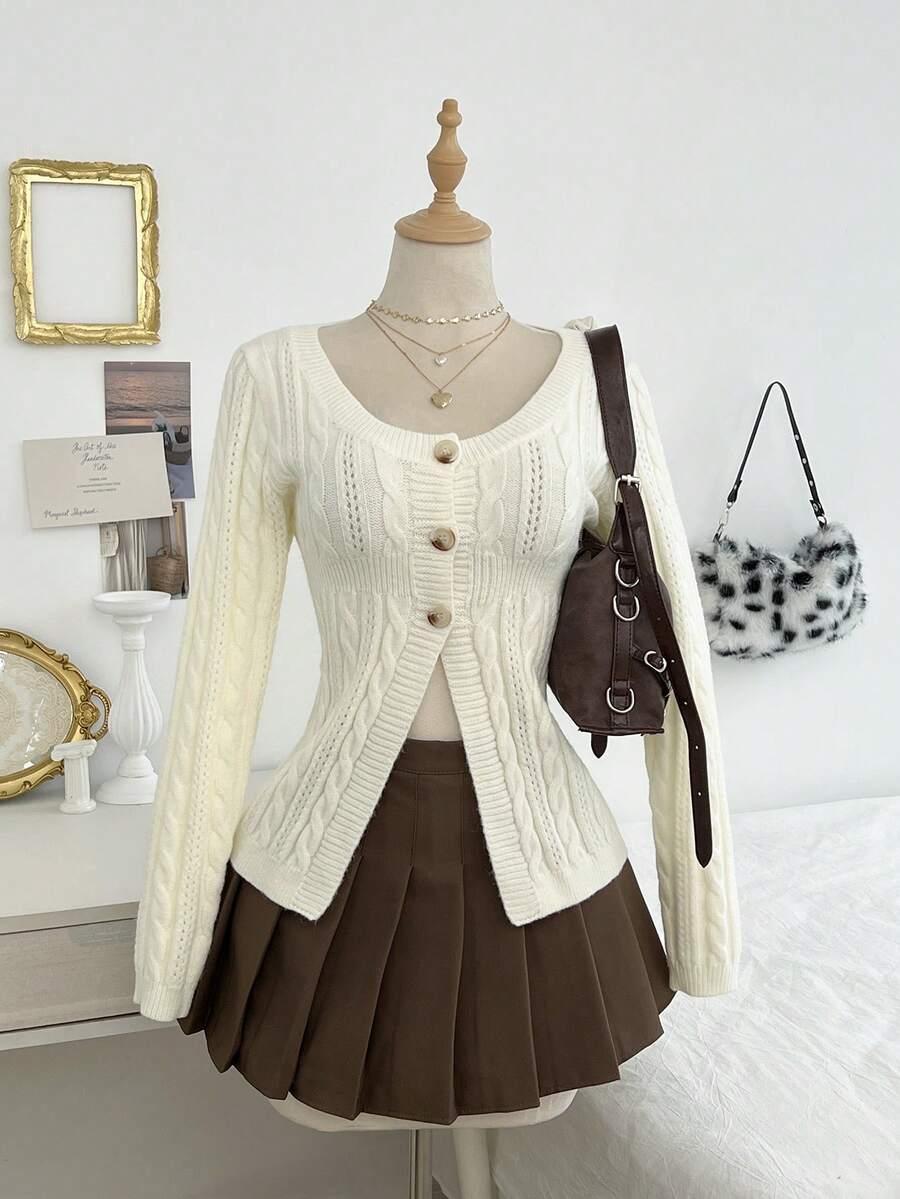 Elamini Women's Autumn/Winter Long Sleeve Single-Breasted Casual Retro Knit Cardigan - Beige - View 1