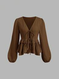 Sweetra Vintage French Elegant Lady Elegant Textured Tie-Up Ruffle Hem Cute Sweet Style Women Blouse