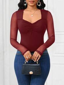 SHEIN Lady Camiseta feminina de cor sólida com gola coração, ombros regulares, manga longa e franzido, modelagem slim, versátil e moderna. Blusa vermelha, blusa de Natal em tela vermelha, blusa vinho. Blusas vermelhas para mulheres. - Borgonha - Ver 6