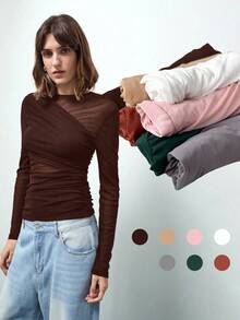 Maija Women's Asymmetric Design Modern Urban Casual Fashion Business Casual T-Shirt, Urban Commute Business Casual Women's Clothing, Office Attire, Elegant For Christmas Party, New Year, Brown Top - Brown - View 7