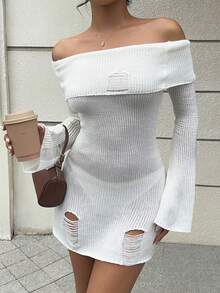 SHEIN Unity 性感露肩修身毛衣裙 - 白色 - 查看 1