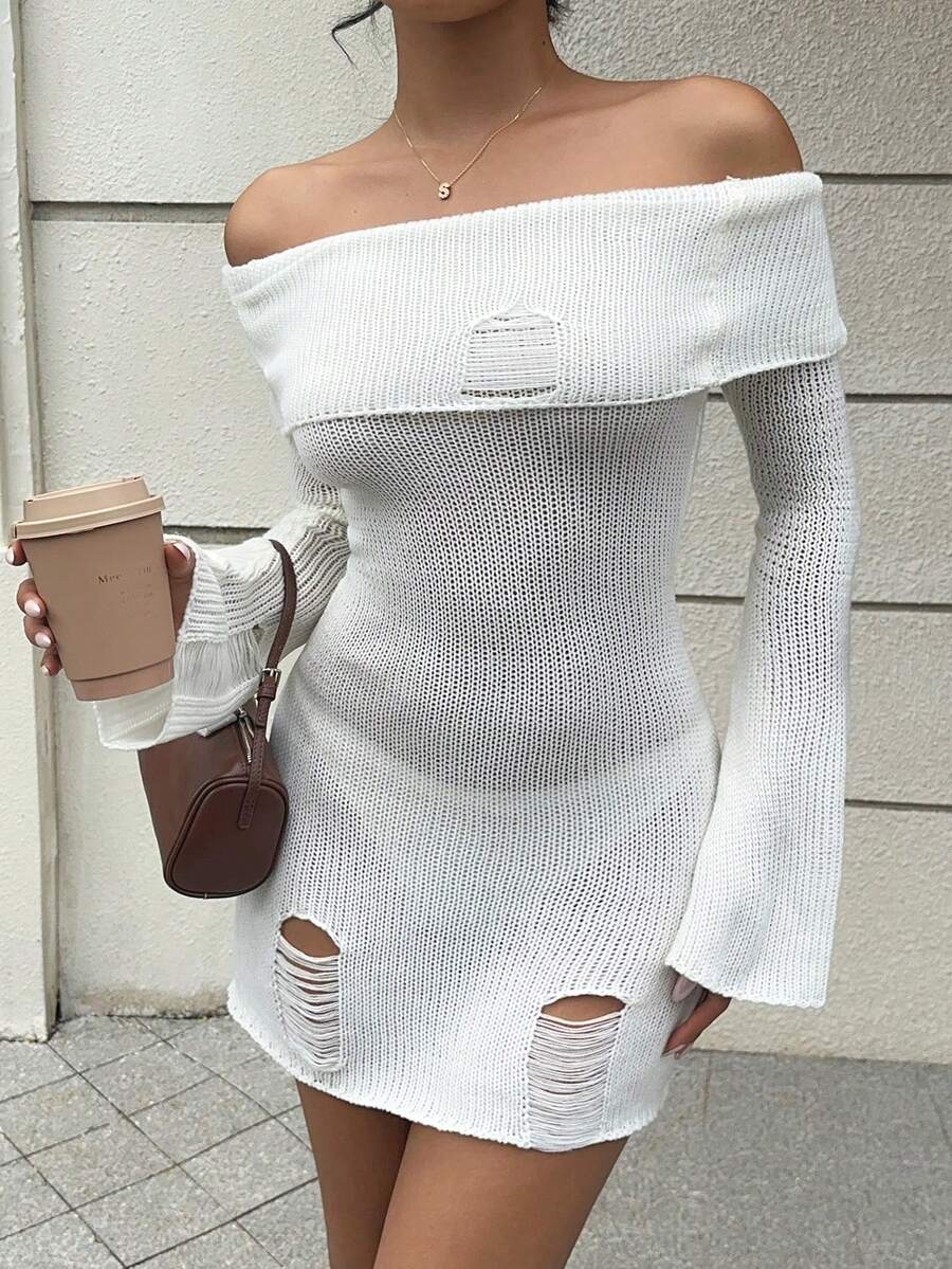 SHEIN Unity 性感露肩修身毛衣裙 - 白色 - 查看 1