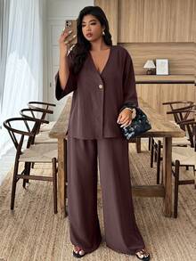 Weeklong Plus Size Solid Color Minimalist Daily Short Sleeve Top And Pants 2 Pieces Set - Burgundy - View 5