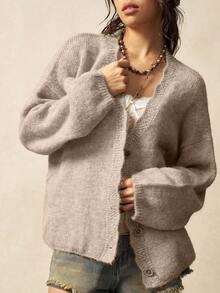 Bohemela Boho Autumn/Winter Outerwear, Women's Christmas Vintage Loose Solid Color Apricot Lace Front Button Casual Knit Oversized Fuzzy Cardigan, Western Country Style Concert Vacations, Suitable For Vacation & Daily Wear & Back To School & Going Outs, Christmas , New Year - Apricot - View 6