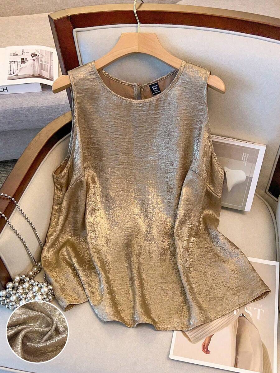SHEIN CURVE+ 大码女式时尚奢华优雅吊带背心，适合日常穿着，别致而优雅，2025 年新品 - 金色 - 查看 1