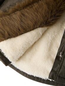 Editum 女士优雅装饰仿毛领长袖抓绒外套，冬季加厚，特大号毛领，圣诞节冬季舒适保暖，适合秋冬季节、新年、感恩节等优雅场合穿着 - 墨綠色 - 查看 13