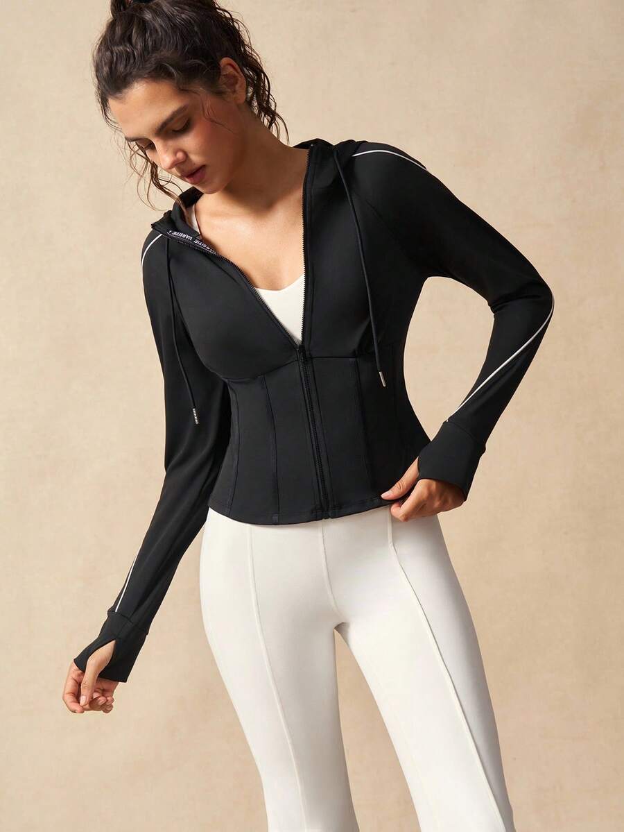 VARSIVA Women's Casual Zip-Up Hoodie Jacket With Thumb Hole And Drawstring, Suitable For Autumn - Black - View 1