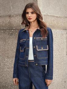 Selenza 女式休闲纽扣长袖牛仔夹克 - 藍色 - 查看 3