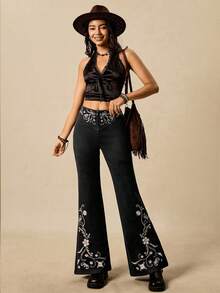 Easelle 花卉刺绣优雅女式喇叭裤 - 黑色 - 查看 8