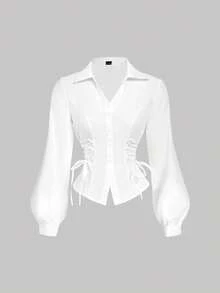 Blusa blanca elegante con mangas de farol y cintura anudada, simple y versátil para el trabajo y el transporte, blusas elegantes para mujeres, camisa con lazo, blusa blanca con lazo delante - Rosa - Ver 4