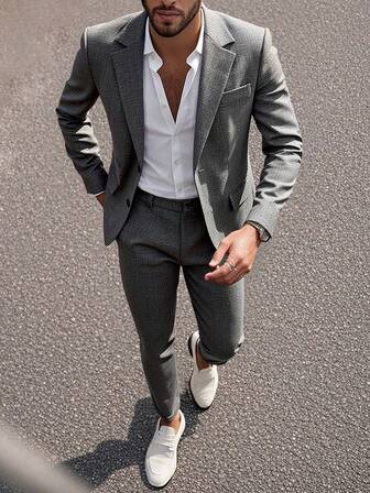 Manfinity Mode Erkekler için düz renk düz yaka moda iş takım elbise seti erkek blazer ve pantolon erkek günlük takım elbise erkek takım elbise seti gri ofis kıyafetleri erkekler için