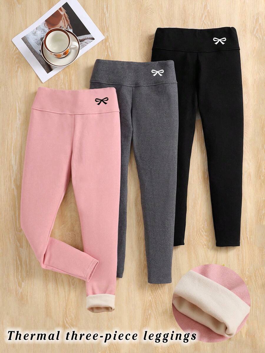 SHEIN 3件套少女纯色舒适紧身高腰蝴蝶结印花保暖打底裤,适合秋冬季节,少女冬季打底裤,保暖三件套打底裤,少女慢跑裤,少女打底裤 - 彩色 - 查看 1