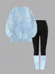 2 件套青少年女孩休闲时尚可爱卡通兔子水彩扎染印花蓝色圆领运动衫 + 拼布紧身裤套装，秋冬装 - 彩色 - 查看 2