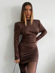 Aloruh Women's Autumn/Winter New Commuting & Casual Brown Mock Neck Ruched Bodycon Mini Dress Chocolate Brown Dress - Coffee Brown - View 7