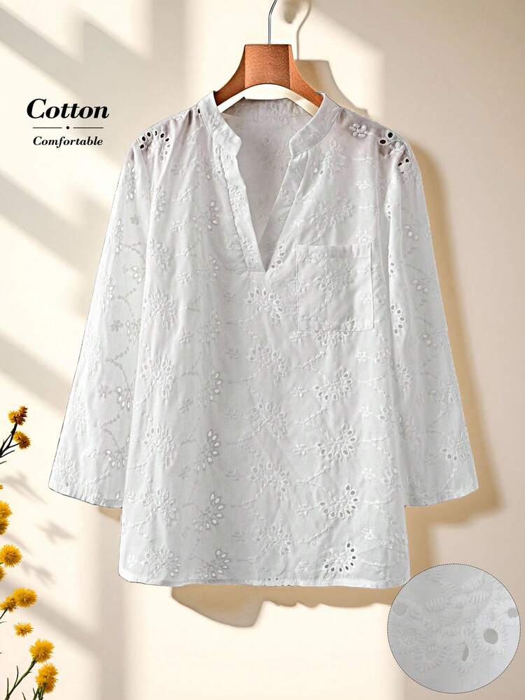Blusa blanca de manga larga con cuello en V, diseño de bolsillo bordado y hueco, informal y holgada, para mujer, para el invierno y el Día de Acción de Gracias