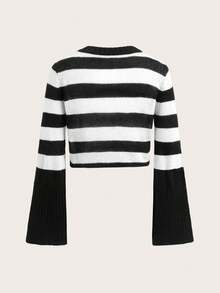 SHEIN EZwear Striped Vintage Style Bell Sleeve Sweater In Fall/Winter - Black and White - View 2