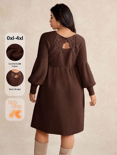 Elaquor Plus Size Casual Elegant Lace Patchwork Waist A-Line Sweater Dress/Winter/Valentine's Day