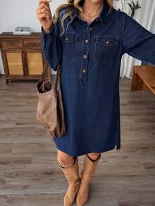 EMERY ROSE Robe en jean décontractée à manches longues, épaules dénudées, coupe ample et demi-patte pour femmes, couleur unie