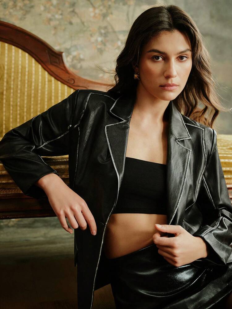 여성용 헤비 크래프트 디스트레스드 빈티지 칼라 PU 가죽 재킷, 블랙 긴소매 블레이저 코트, 가을, 겨울, 봄, 새해, 파티, 결혼식, 시크, 스타일리시, 직장, 추수감사절, 졸업, 크리스마스, 축제, 우아함에 적합