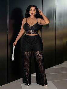 Slaydiva 2025 Herbst/Winter Neue Sexy Spitzen Trägerhemd + Weite Hose Set, Große Größen, Geeignet für Party, Nachtclub, Treffen, Date, Ball, Club