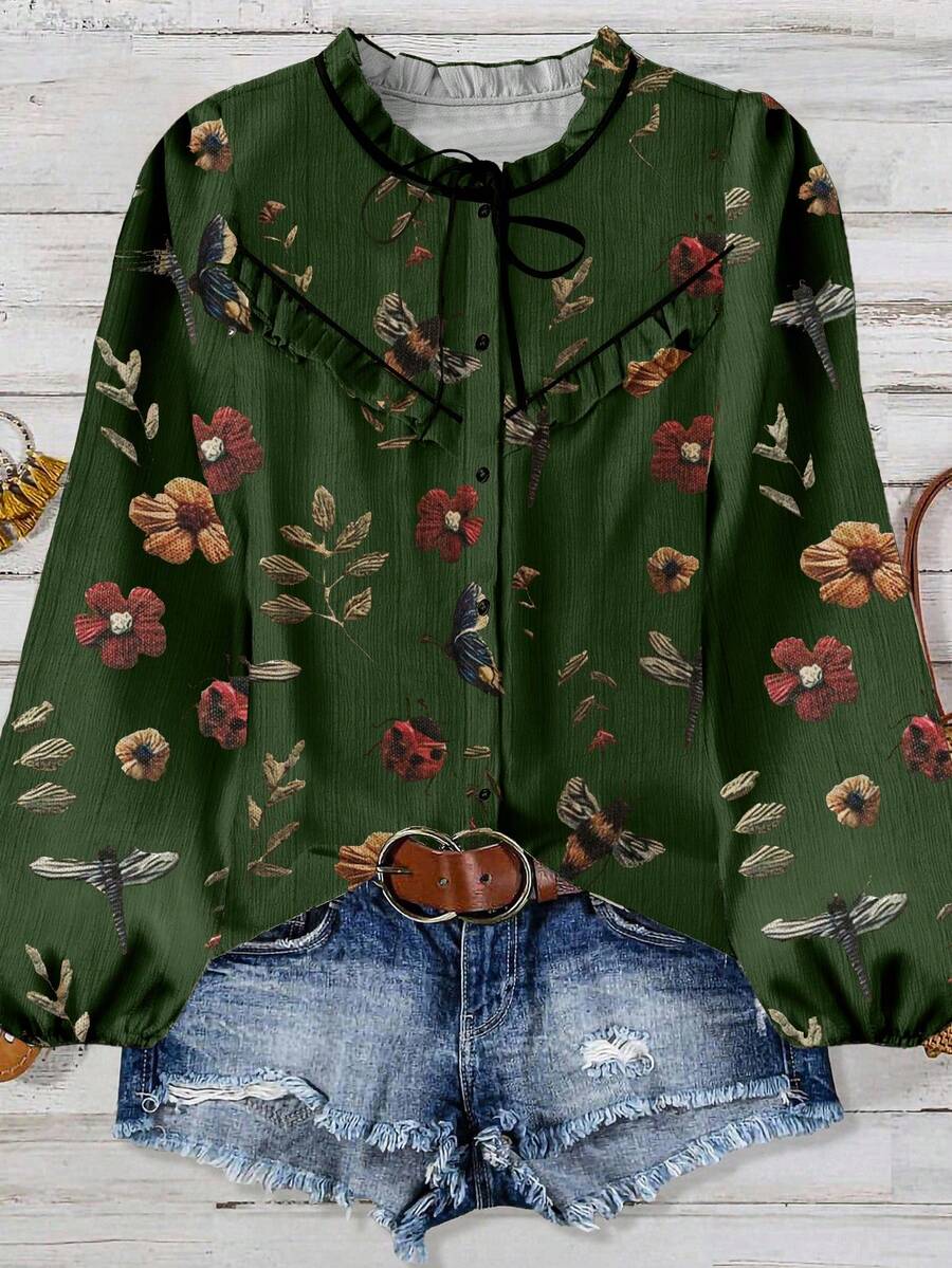 SHEIN LUNE 女士休闲秋季度假衬衫 - 軍綠色 - 查看 1