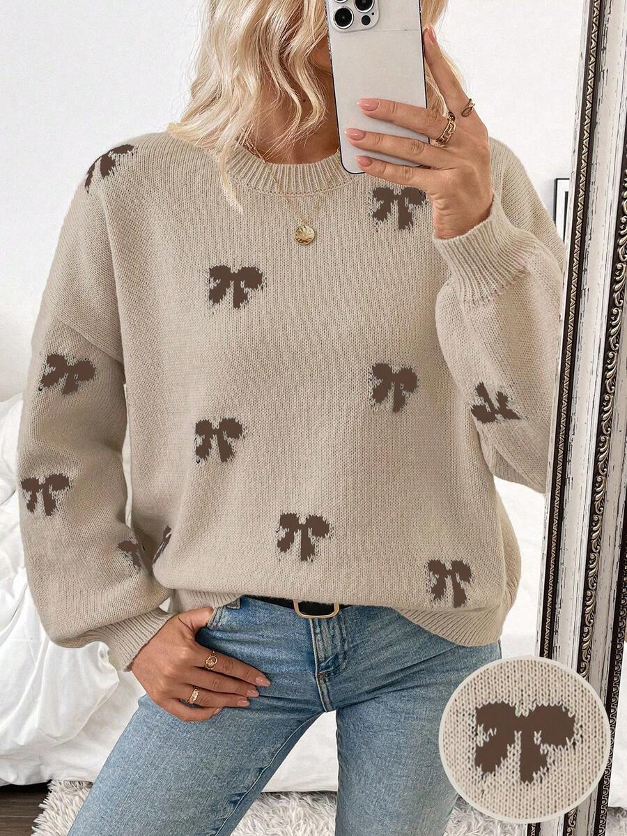 SHEIN LUNE Autumn/Winter New Stylish Blogger Same Style Bow Design Casual Pullover Sweater - Multicolor - View 1