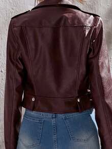 SHEIN Tall Zip Up PU Moto Jacket In Fall/Winter - Burgundy - View 7