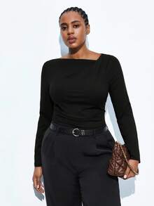 Maija 女士加大码不对称褶皱修身长袖上衣，都市通勤商务休闲办公装，优雅适合圣诞派对、新年庆祝活动、圣帕特里克节、复活节、夏季派对、海滩度假、夏季外出、毕业典礼等场合。 - 黑色 - 查看 2