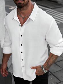 Manfinity CasualCool Men's White Textured Casual Long Sleeve Shirt White And Black Shirt Men Men White Long Sleeve Shirt White Shirt Men Men Textured Shirt Streetwear Men Shirt - White - View 5