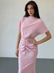 Aloruh 女式新款简约时尚轻盈鸡尾酒会百搭蝙蝠袖修身超长褶饰美人鱼长裙 - 粉色 - 查看 6