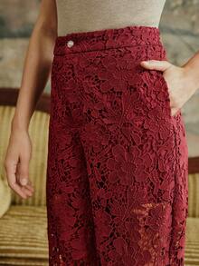 Anewsta 女士直筒优雅花卉蕾丝镂空长裙，适合秋季、冬季、新年，优雅、别致、时尚，圣诞节、外出穿着 - 酒紅色 - 查看 2