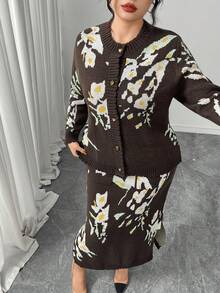 Modelyn Plus Size Women Floral Print Long Sleeve Knitted Cardigan And Knitted Midi Skirt Elegant Set, Autumn/Winter - Coffee Brown - View 4