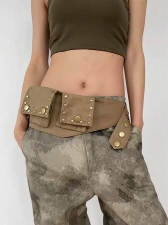 Goth 1 Stück Khaki Y2K Babe Vintage Nieten Doppeltasche Hüfttasche Gürtel, modische vielseitige lässige wilde Art für Frauen, geeignet für Party, Date, Reise, Halloween usw.