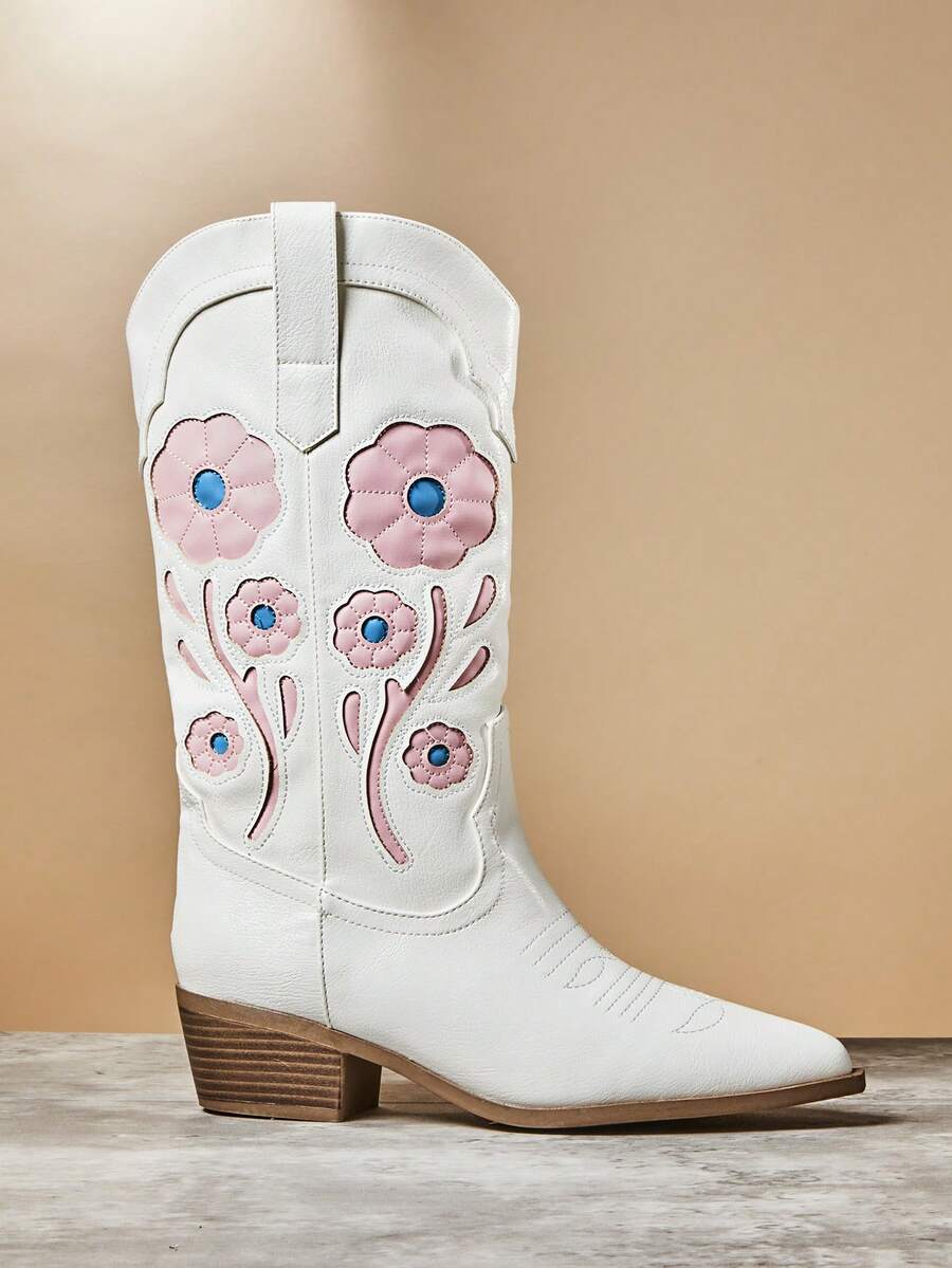 SHUZIA New Women's Floral Embroidery Vegan Leather Pointed Toe Western Style Chic Cowboy Boots Chunky Heel Slip-On Rodeo Dance Holiday Fall Winter Shoe For Christmas - White - View 1