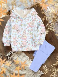 Light Blue Baby Girl Pastoral Rabbit & Floral Print Hoodie Sweatshirt And Relaxed Fit Pants 2 Piece Set,Cute Tulip Bow Graphic Autumn Vacation Outfit - Multicolor - View 2