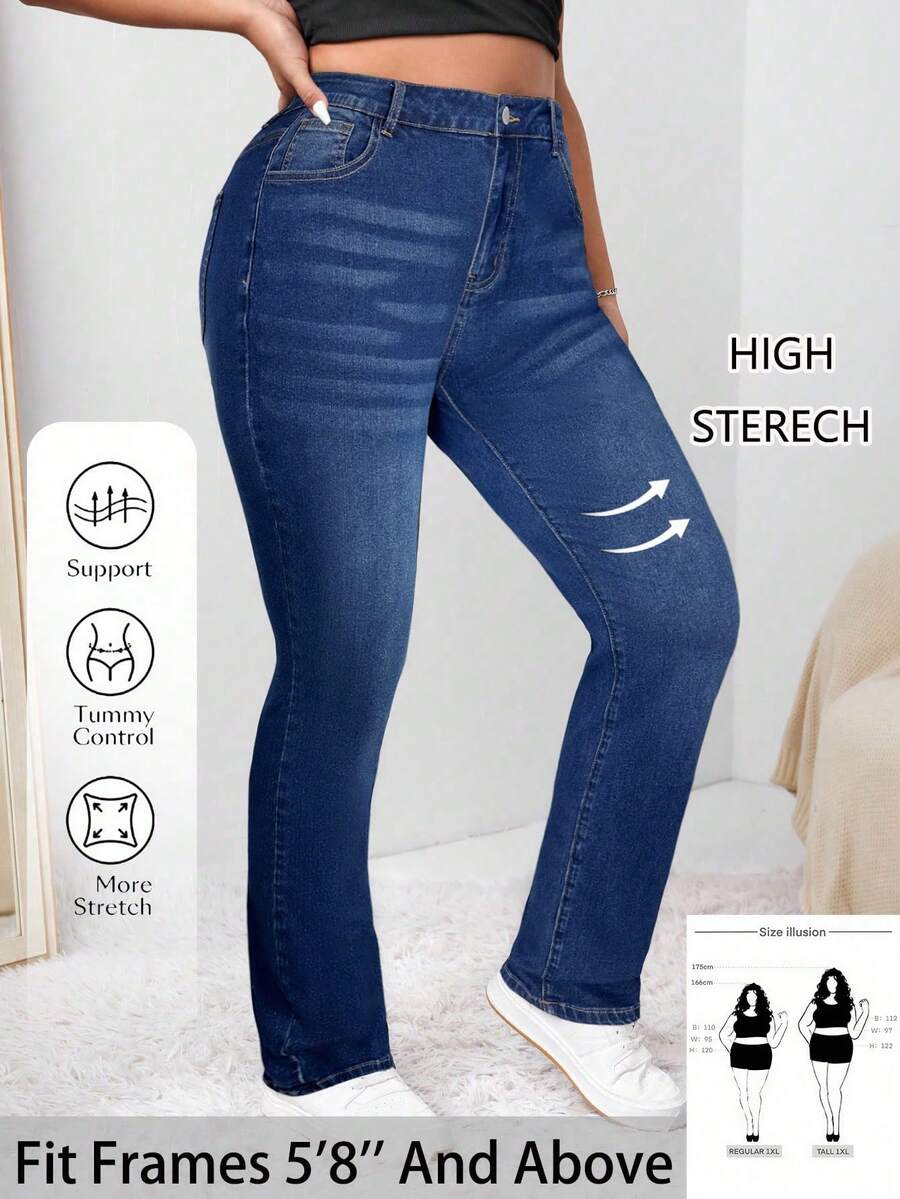 SHEIN Tall CURVE 大码女式休闲基本款黑色弹力牛仔裤 - 深色水洗藍 - 查看 1