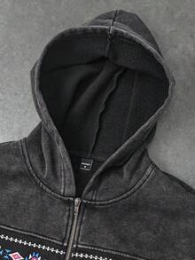 Manfinity Homme 男士休闲复古几何刺绣连帽衫，秋季款 - 黑色 - 查看 6